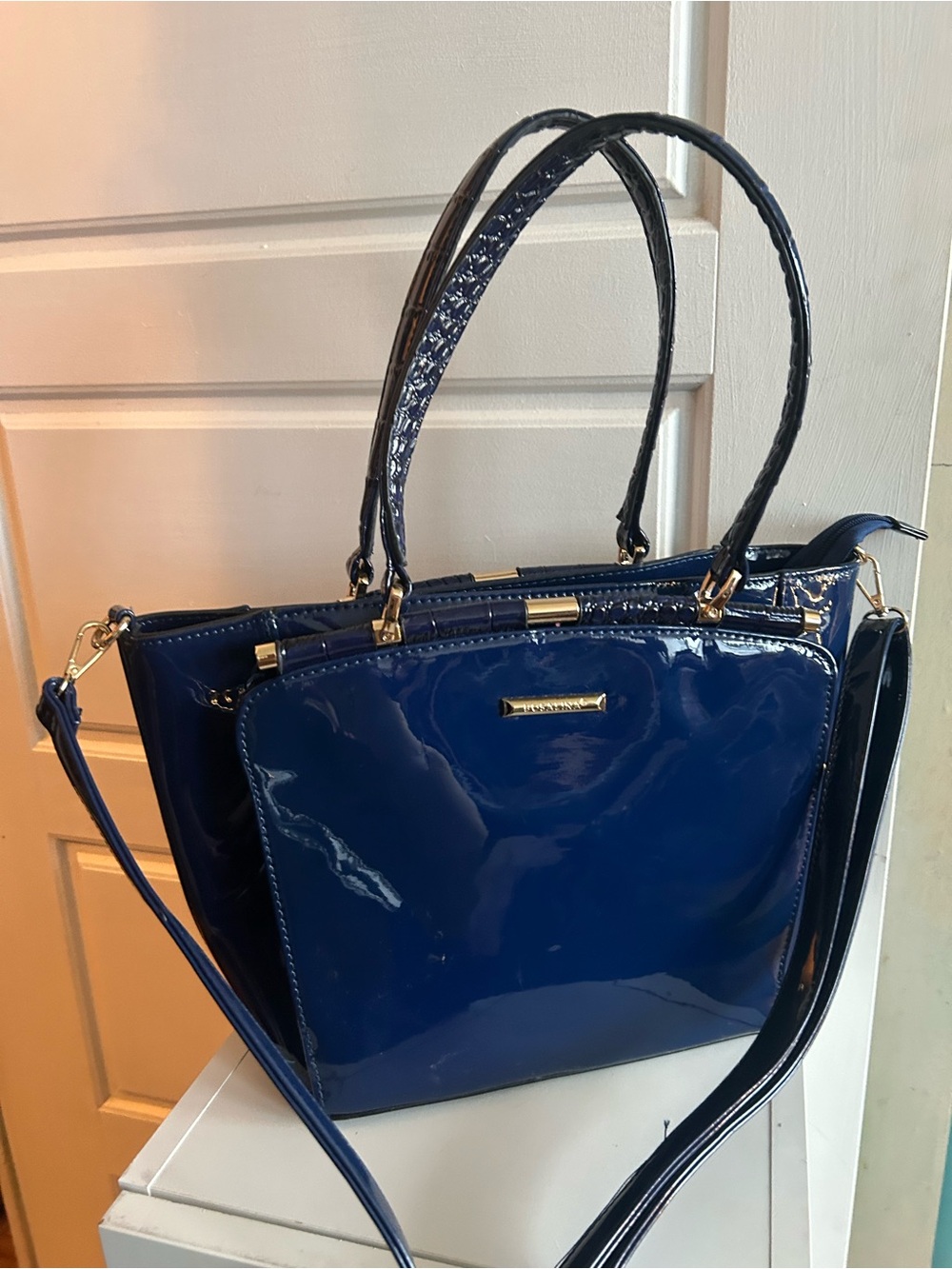 Bosalina Navy Blue Patent Handbag with Gold Hardware